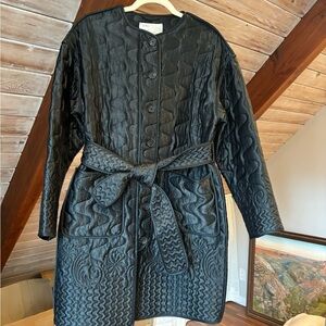 Black Quilted Button-Up Coat with Belt